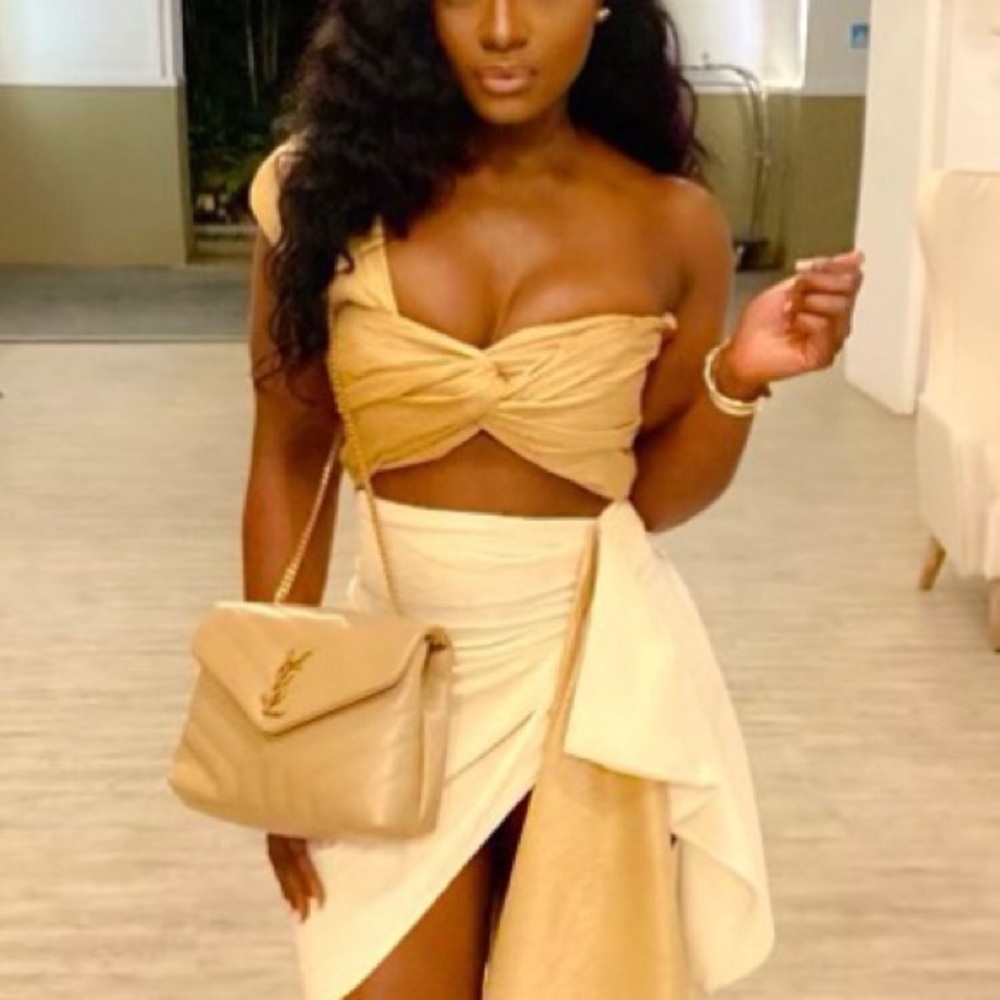Custom crop top and skirt set | tan and ivory | size small